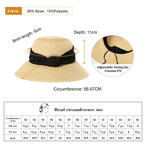 Comhats Sun Hats for Women Foldable UV Protection Large Wide Brimmed Floppy Panama Style Straw Beach Hat Fashionable Fedora Adjustable Beige