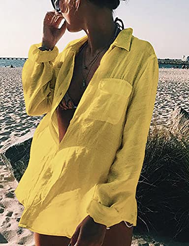 Bsubseach Long Sleeve Beach Shirt Blouses Women Turn Down Collar Bikini Bathing Suit Cover Ups Swimwear Apricot