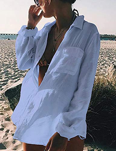 Bsubseach Long Sleeve Beach Shirt Blouses Women Turn Down Collar Bikini Bathing Suit Cover Ups Swimwear Apricot