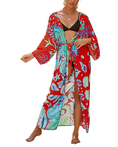 Women Swimsuit Cover Up Bathing Suit Kimono Long Beach Dress Floral Lace Bikini Swim Coverup Sun Protection Clothing