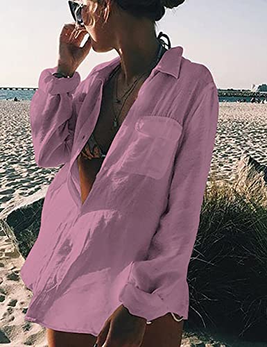 Bsubseach Long Sleeve Beach Shirt Blouses Women Turn Down Collar Bikini Bathing Suit Cover Ups Swimwear Apricot