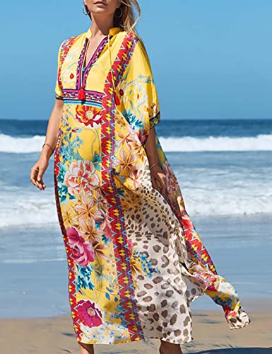Bsubseach Green Snake Print Loose Kaftan Dress Plus Size Beach Cover Up Half Sleeve Caftan Maxi Dress for Women