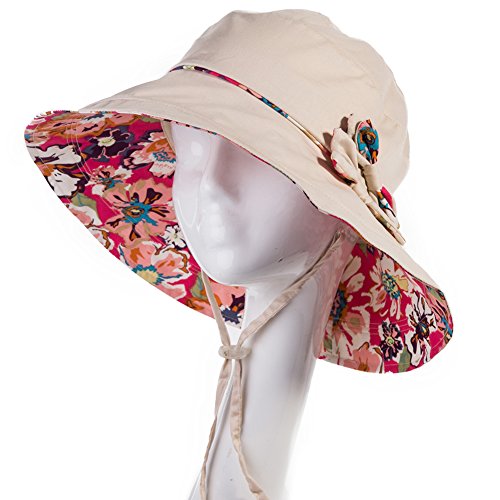 Comhats Ladies Sun Hat Foldable UPF 50 Wide Brim with Neck Protection Summer Spring UV Cotton Safari Gardening Walking Hat with Chin Strap Beige Small