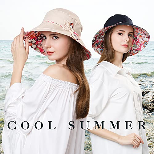 Comhats Ladies Sun Hat Foldable UPF 50 Wide Brim with Neck Protection Summer Spring UV Cotton Safari Gardening Walking Hat with Chin Strap Beige Small