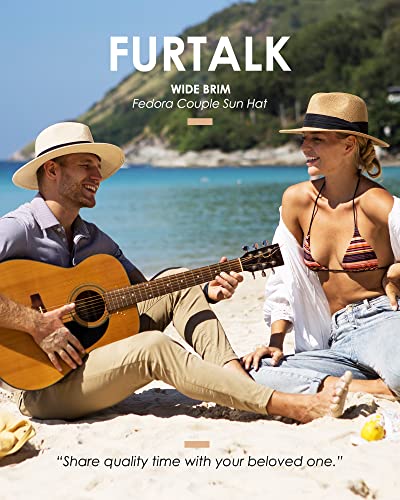 FURTALK Sun Hats for Women Men, Adjustable Summer Panama Fedora Wide Brim Hat UV UPF 50+,Foldable Packable Straw Beach Hat Beige