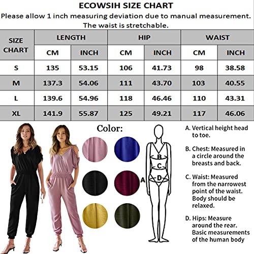 ECOWISH Women's V Neck Spaghetti Strap Drawstring Waisted Long Pants Jumpsuit Rompers