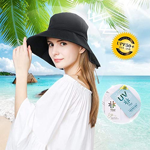 Comhats Ladies Sun Hat Foldable UPF 50 Wide Brim with Neck Protection Summer Spring UV Cotton Safari Gardening Walking Hat with Chin Strap Beige Small