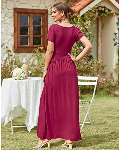 OUGES Women's Summer Casual V Neck Short Sleeve Floral Pattern Wrap Ladies Maxi Long Dress with Pockets
