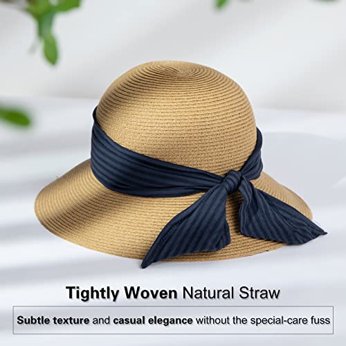 Comhats Sun Hats for Women Foldable UV Protection Large Wide Brimmed Floppy Panama Style Straw Beach Hat Fashionable Fedora Adjustable Beige