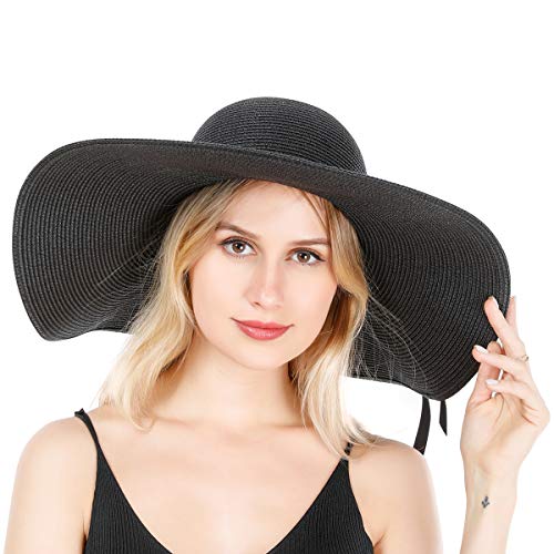 Lanzom Womens 5.5 Inches Wide Brim Straw Hat Floppy Foldable Roll up Cap Beach Sun Hat