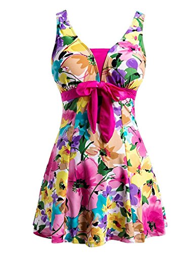 ECUPPER Womens Plus Size Skirted Swimsuit Floral Printed Swimwear Padded Swim Suit Dress with Boy Shorts