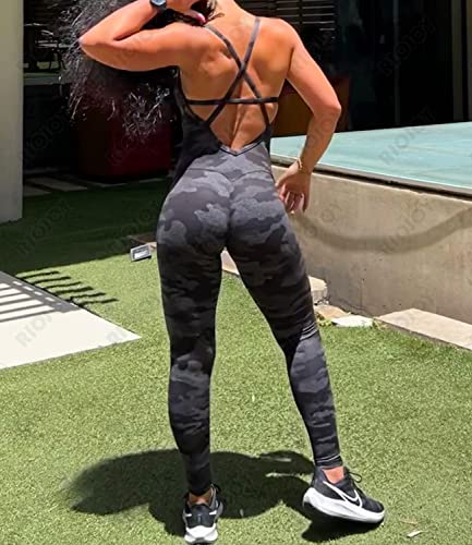 RIOJOY Backless Sports Bandage Romper Playsuit Yoga Jumpsuit for Women All in One Gym Wear