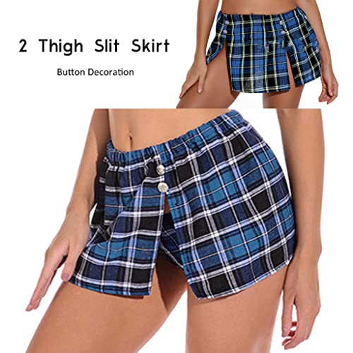 ROSVAJFY Women Sexy Cosplay Lingerie Outfit Set 2 Pcs Costume Preppy Style Shirt Skirt Tie Naughty Wear Button Design Side Split Mini Plaid Fancy Dress Uniform for Party Club Halloween White-Green