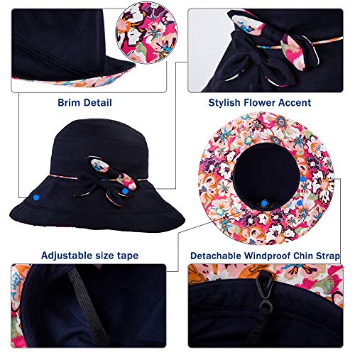 Comhats Ladies Sun Hat Foldable UPF 50 Wide Brim with Neck Protection Summer Spring UV Cotton Safari Gardening Walking Hat with Chin Strap Beige Small