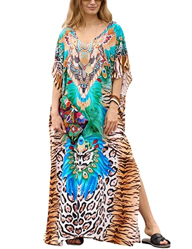 Bsubseach Green Snake Print Loose Kaftan Dress Plus Size Beach Cover Up Half Sleeve Caftan Maxi Dress for Women
