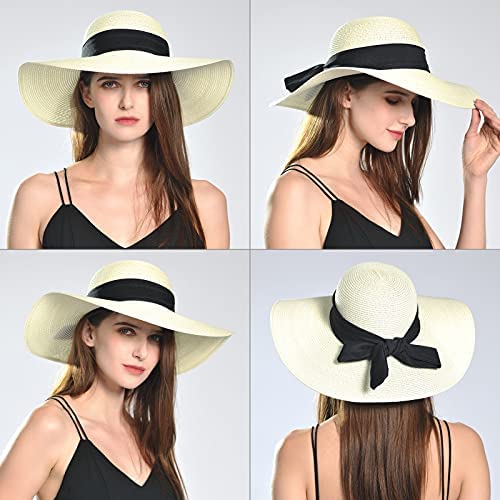 Comhats Sun Hats for Women Foldable UV Protection Large Wide Brimmed Floppy Panama Style Straw Beach Hat Fashionable Fedora Adjustable Beige
