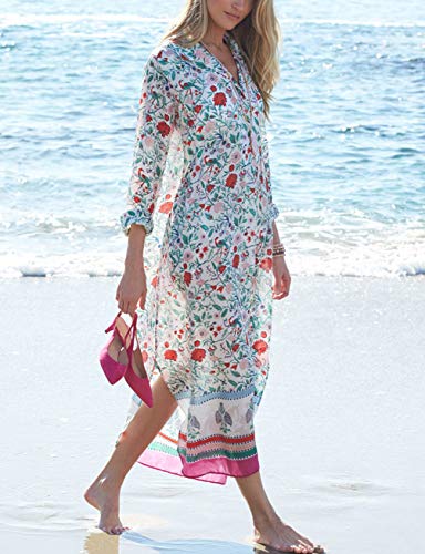 Bsubseach Chiffon Print Shirt Dress Beach Cover Up Loose Turn Down Collar Long Sleeve Bikini Kaftan Cover Ups for Swimwear Women