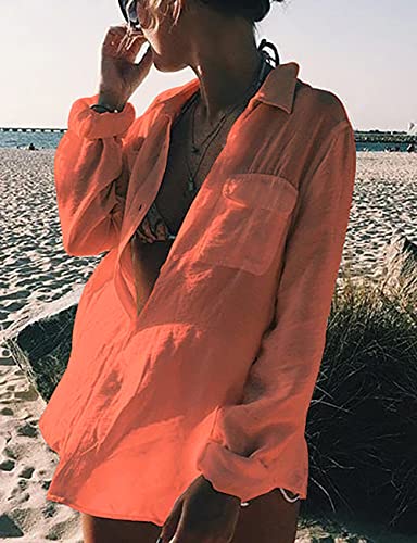 Bsubseach Long Sleeve Beach Shirt Blouses Women Turn Down Collar Bikini Bathing Suit Cover Ups Swimwear Apricot