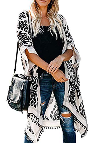 Women Beach Cover Up Kimono Cardigans Pom Pom, Boho Chiffon Sheer Lady Bikini Coverup, Swimsui Pompom Trim, Pool Cardigan Duster, Plus Size Beach Swim Wear, Bathting Suit Swimsuit Swimwear