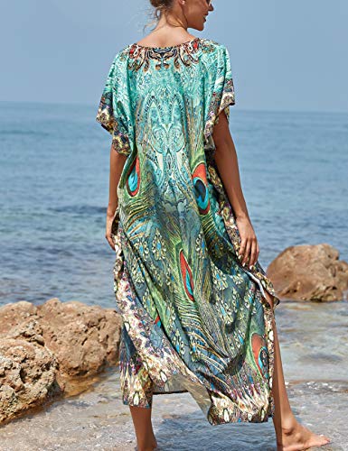 Bsubseach Green Snake Print Loose Kaftan Dress Plus Size Beach Cover Up Half Sleeve Caftan Maxi Dress for Women