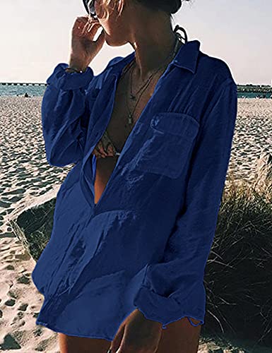 Bsubseach Long Sleeve Beach Shirt Blouses Women Turn Down Collar Bikini Bathing Suit Cover Ups Swimwear Apricot