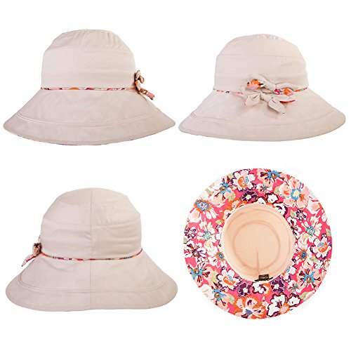 Comhats Ladies Sun Hat Foldable UPF 50 Wide Brim with Neck Protection Summer Spring UV Cotton Safari Gardening Walking Hat with Chin Strap Beige Small