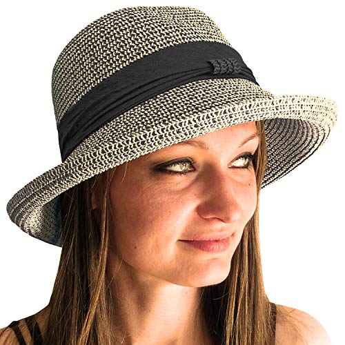 TOSKATOK® Ladies Womens Adjustable Summer Sun Hat Fashion Foldable Roll Brim Trilby Bowler Brown/Beige…