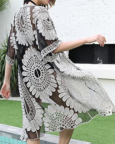 Women Swimsuit Cover Up Bathing Suit Kimono Long Beach Dress Floral Lace Bikini Swim Coverup Sun Protection Clothing