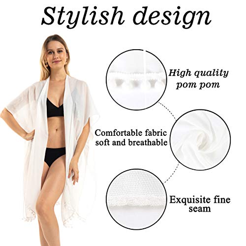 Women Beach Cover Up Kimono Cardigans Pom Pom, Boho Chiffon Sheer Lady Bikini Coverup, Swimsui Pompom Trim, Pool Cardigan Duster, Plus Size Beach Swim Wear, Bathting Suit Swimsuit Swimwear