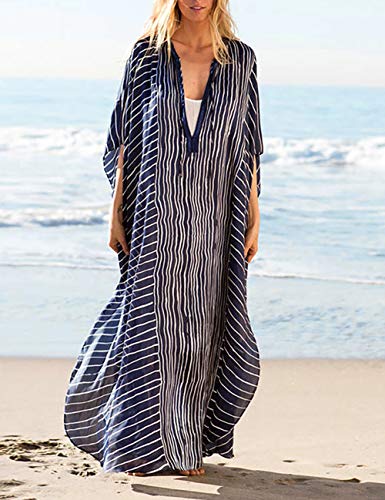 Bsubseach Chiffon Print Shirt Dress Beach Cover Up Loose Turn Down Collar Long Sleeve Bikini Kaftan Cover Ups for Swimwear Women