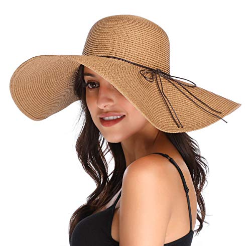 Lanzom Womens 5.5 Inches Wide Brim Straw Hat Floppy Foldable Roll up Cap Beach Sun Hat