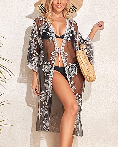 Women Swimsuit Cover Up Bathing Suit Kimono Long Beach Dress Floral Lace Bikini Swim Coverup Sun Protection Clothing