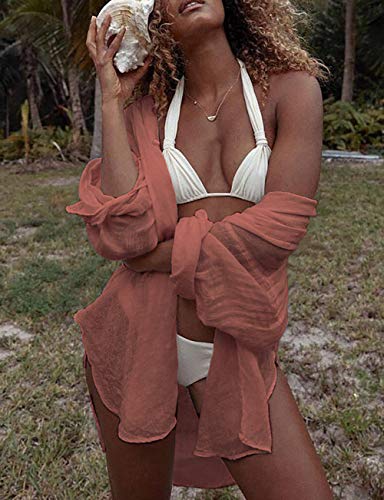Bsubseach Long Sleeve Beach Shirt Blouses Women Turn Down Collar Bikini Bathing Suit Cover Ups Swimwear Apricot