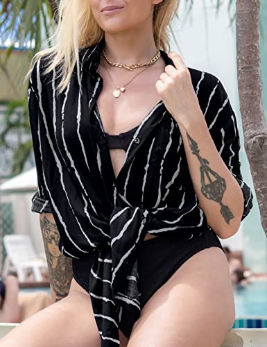 Bsubseach Long Sleeve Beach Shirt Blouses Women Turn Down Collar Bikini Bathing Suit Cover Ups Swimwear Apricot