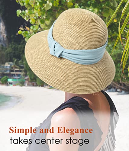 Comhats Sun Hats for Women Foldable UV Protection Large Wide Brimmed Floppy Panama Style Straw Beach Hat Fashionable Fedora Adjustable Beige
