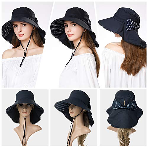 Comhats Ladies Sun Hat Foldable UPF 50 Wide Brim with Neck Protection Summer Spring UV Cotton Safari Gardening Walking Hat with Chin Strap Beige Small