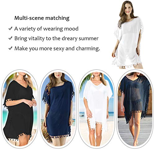 Women's Chiffon Tassel Swimsuit Summer Beach Cover Up Swimwear Dress Beachwear (Black)