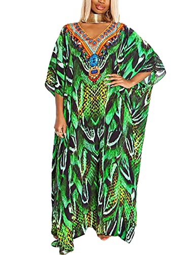 Bsubseach Green Snake Print Loose Kaftan Dress Plus Size Beach Cover Up Half Sleeve Caftan Maxi Dress for Women