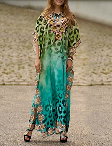 Bsubseach Green Snake Print Loose Kaftan Dress Plus Size Beach Cover Up Half Sleeve Caftan Maxi Dress for Women