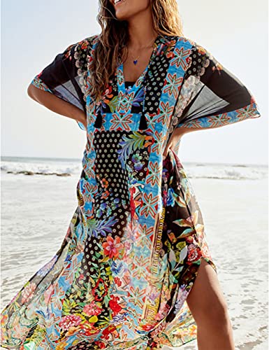 Bsubseach Green Snake Print Loose Kaftan Dress Plus Size Beach Cover Up Half Sleeve Caftan Maxi Dress for Women