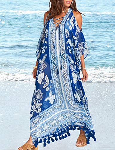 Bsubseach Chiffon Print Shirt Dress Beach Cover Up Loose Turn Down Collar Long Sleeve Bikini Kaftan Cover Ups for Swimwear Women