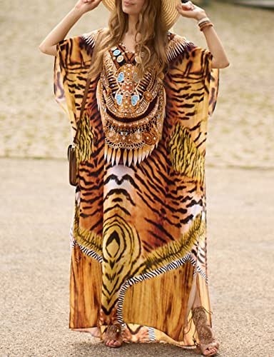 Bsubseach Green Snake Print Loose Kaftan Dress Plus Size Beach Cover Up Half Sleeve Caftan Maxi Dress for Women
