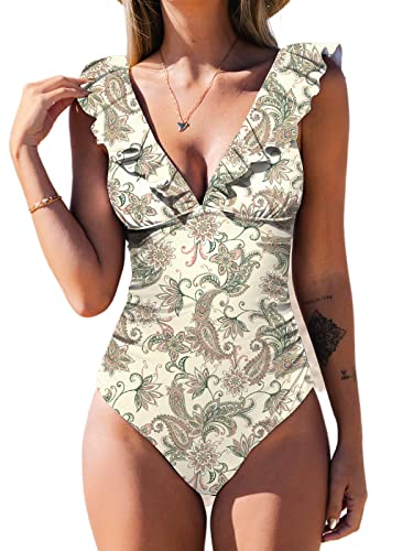 CUPSHE Women One Piece Swimsuit Ruffled Lace Up Beach Swimwear Tummy Control Swimming Costume Bathing Suit