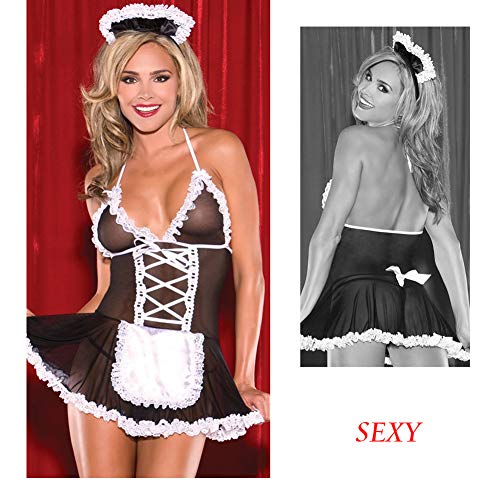 DRMGIRL Women French Maid Outfit Costume, Sexy Sheer Maid Servant Cosplay Lingerie Set, Naughty Lace Splice Cute Apron Fancy Dress Babydoll Uniform for Ladies Halloween Roleplay Game Suit Nightdress