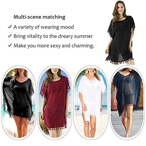 Women's Chiffon Tassel Swimsuit Summer Beach Cover Up Swimwear Dress Beachwear (Black)