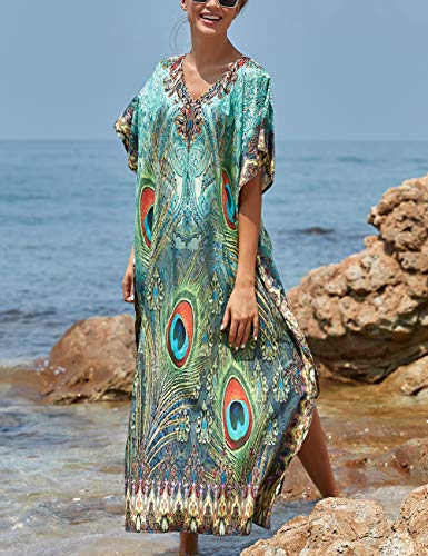 Bsubseach Green Snake Print Loose Kaftan Dress Plus Size Beach Cover Up Half Sleeve Caftan Maxi Dress for Women