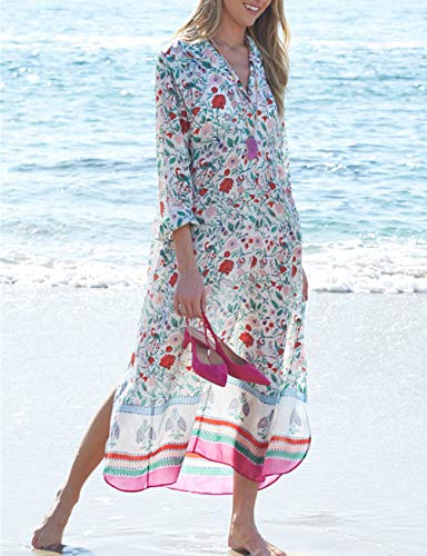 Bsubseach Chiffon Print Shirt Dress Beach Cover Up Loose Turn Down Collar Long Sleeve Bikini Kaftan Cover Ups for Swimwear Women