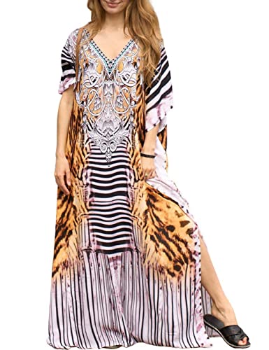 Bsubseach Green Snake Print Loose Kaftan Dress Plus Size Beach Cover Up Half Sleeve Caftan Maxi Dress for Women