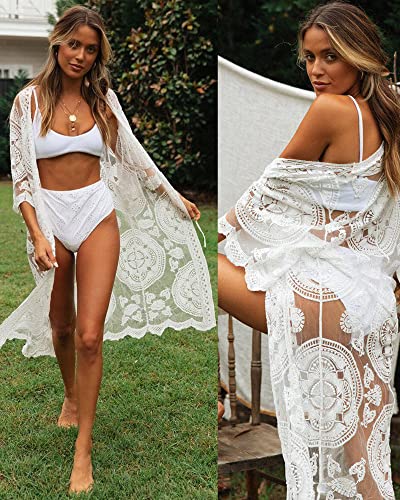 Women Swimsuit Cover Up Bathing Suit Kimono Long Beach Dress Floral Lace Bikini Swim Coverup Sun Protection Clothing