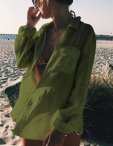 Bsubseach Long Sleeve Beach Shirt Blouses Women Turn Down Collar Bikini Bathing Suit Cover Ups Swimwear Apricot